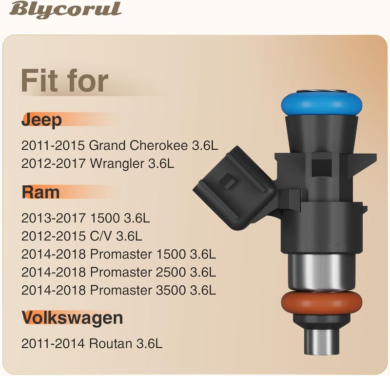 Blycorul 4 Holes Fuel Injectors 0280158233 Fit for 2011-2019 Chrysler 200 300, Dodge Challenger Charger Durango, Jeep Grand Cherokee Wrangler, Ram 1500 2500 3500 3.6L Replaces 05184085AC Set of 6 - Image 3